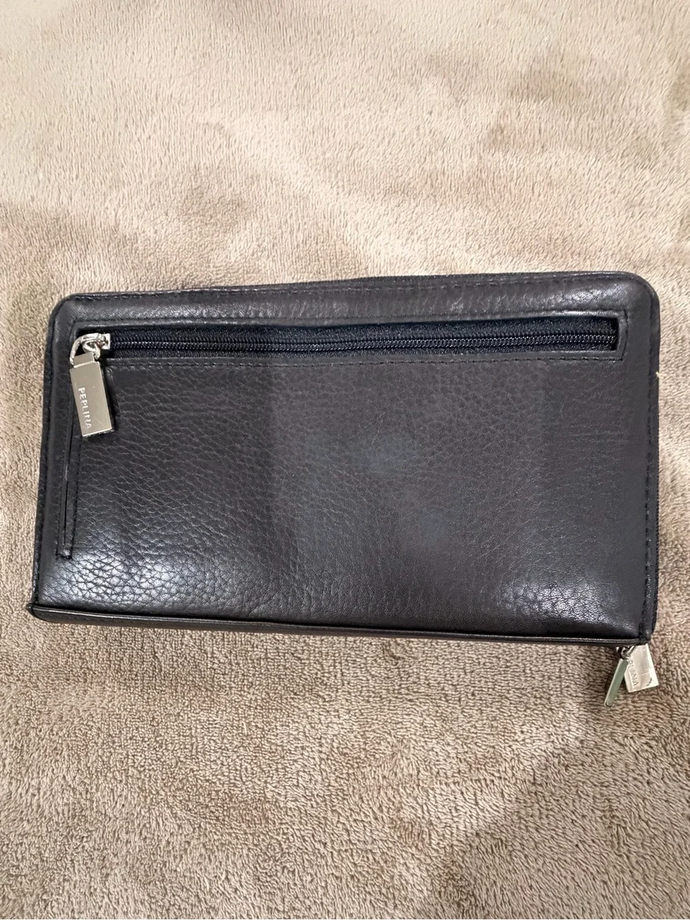 Perlina Black Leather Zip-Around Wallet with Metal Logo